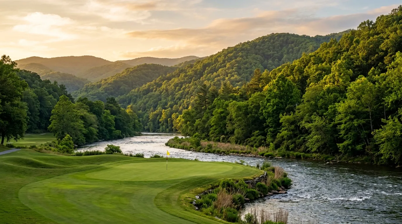 A sunlit golf green with a pin flag sits beside a winding river, backed by lush, forested rolling hills