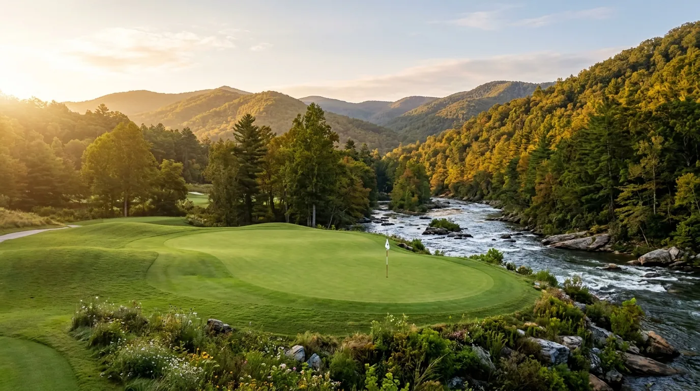 Morning sunlight illuminates a pristine golf green next to a rushing river, framed by rolling, forest-covered mountains