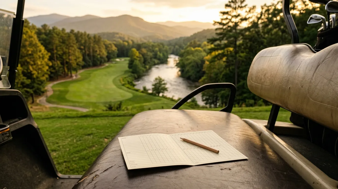 A scorecard and pencil rest on a golf cart seat, overlooking a sunlit fairway bordered by a winding river and pine trees