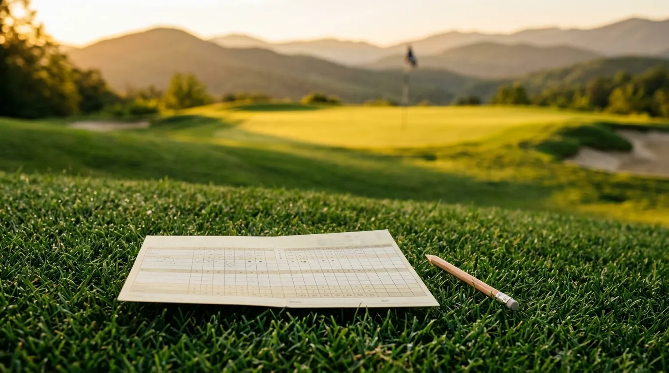 A paper golf scorecard and pencil rest on lush fairway grass, with a sunlit green and distant flagstick softly blurred in the background