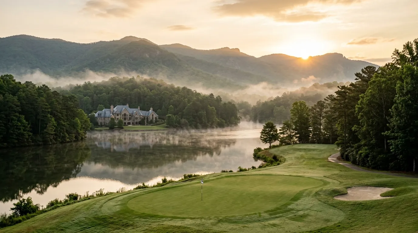 Morning mist rises over a manicured golf green and tranquil lake, framed by forested mountains and a distant luxury stone estate