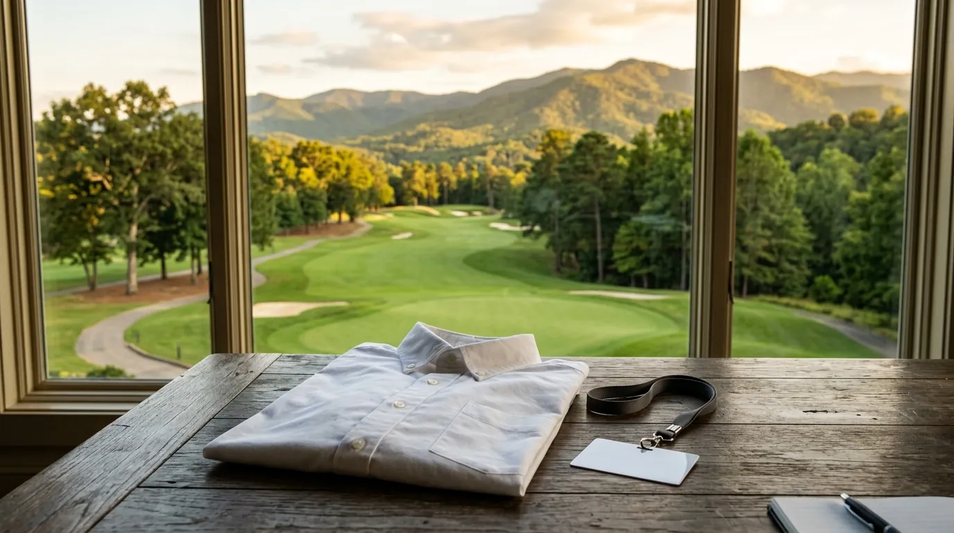 A freshly pressed collared shirt and staff badge rest on a desk overlooking a sunlit, perfectly manicured golf fairway