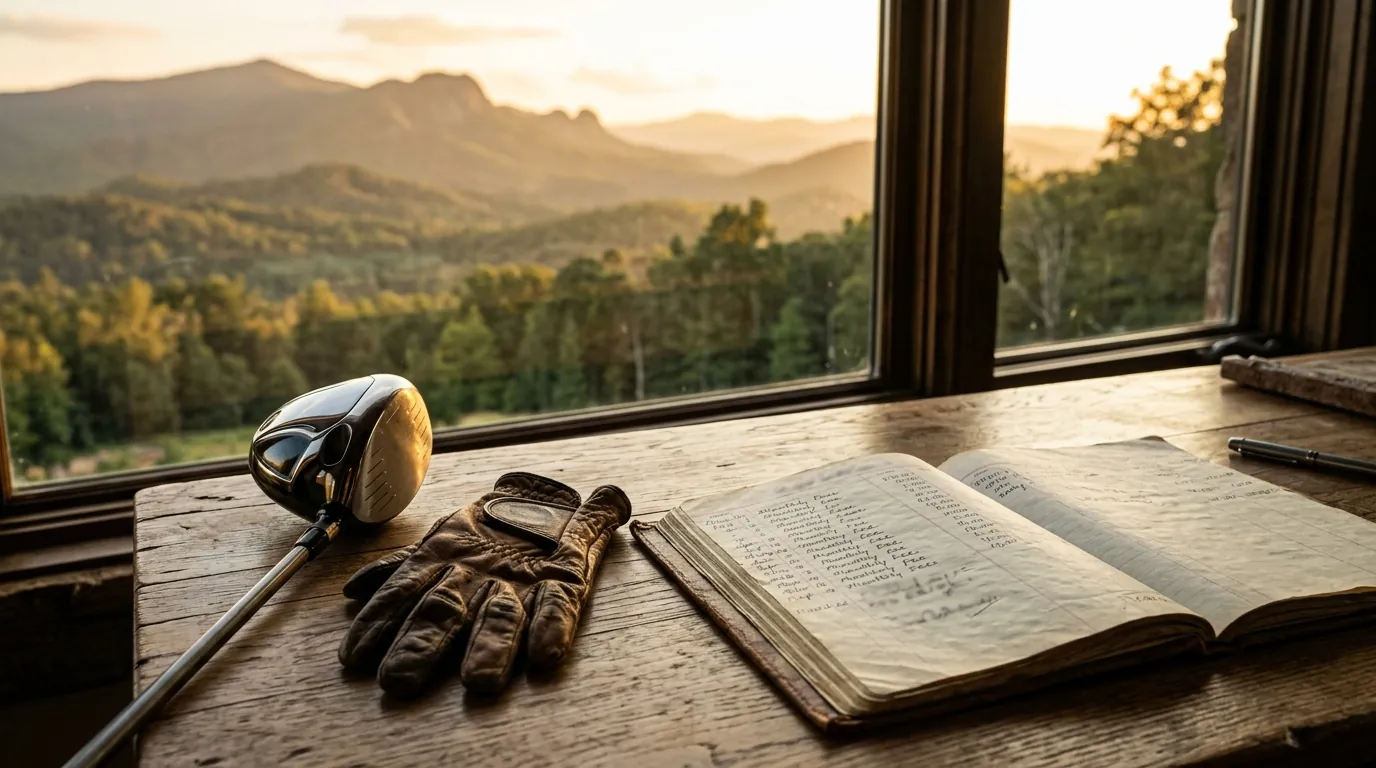 A polished driver and leather golf glove rest on a wooden desk beside an open financial ledger listing itemized monthly fees