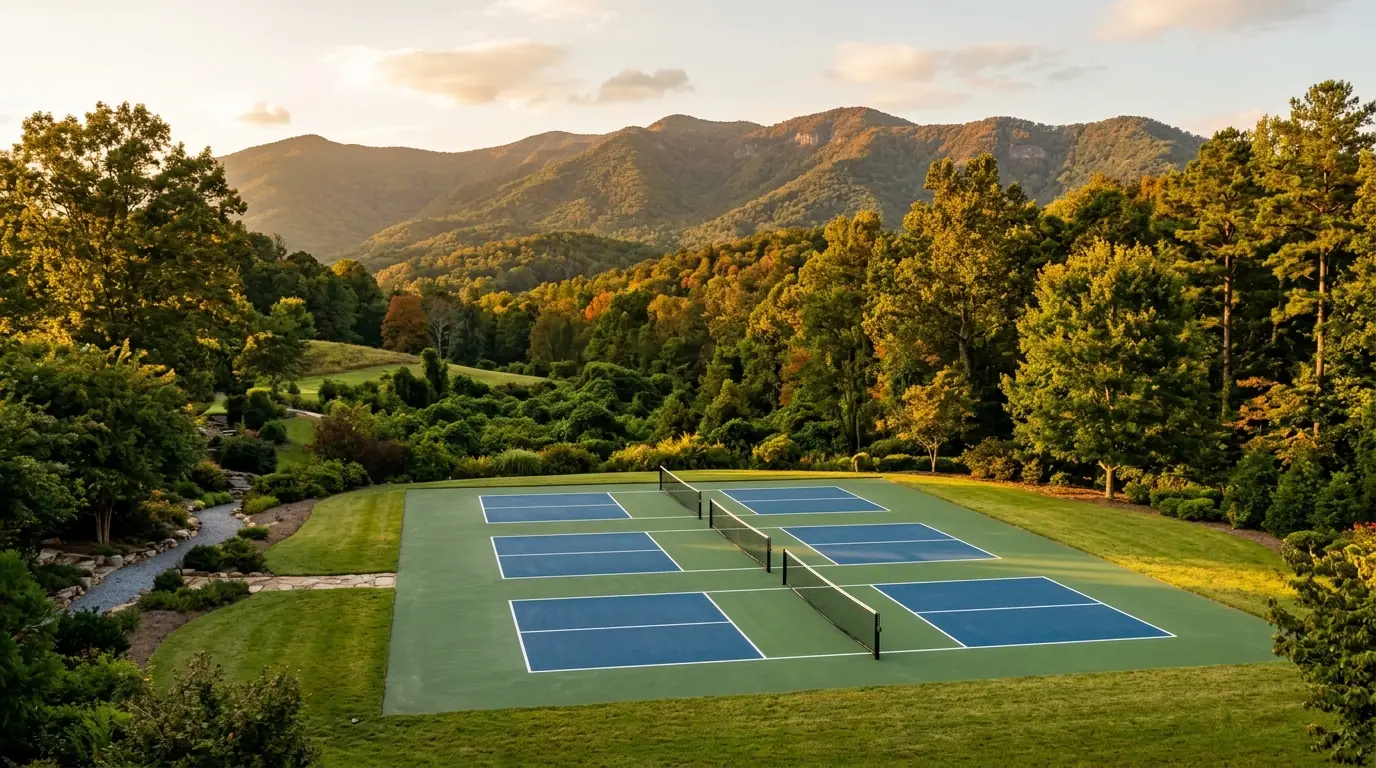 Pristine, sunlit pickleball courts with crisp white lines and taut nets sit nestled among manicured green lawns and towering trees