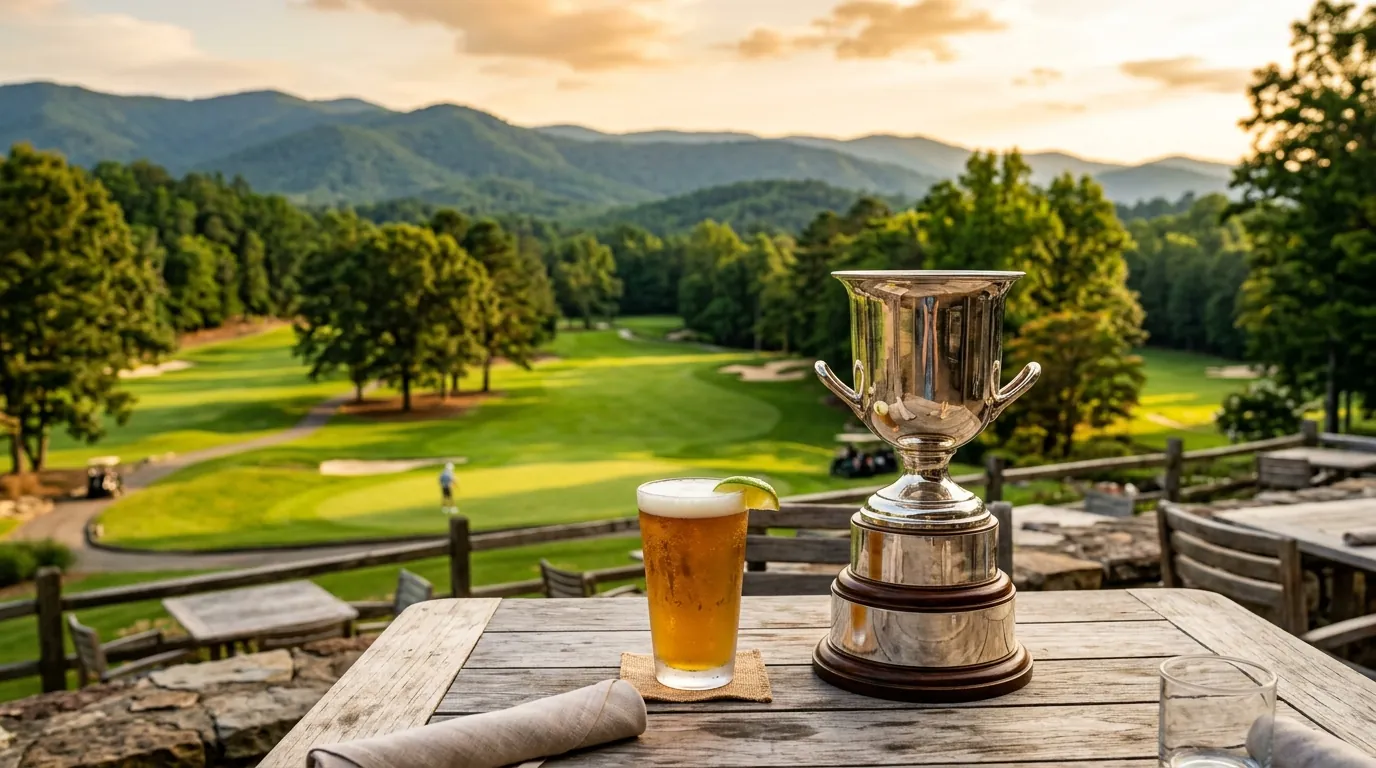 A silver victory trophy and a frosty beverage glass sit on a patio table overlooking a lush, sunlit golf course fairway