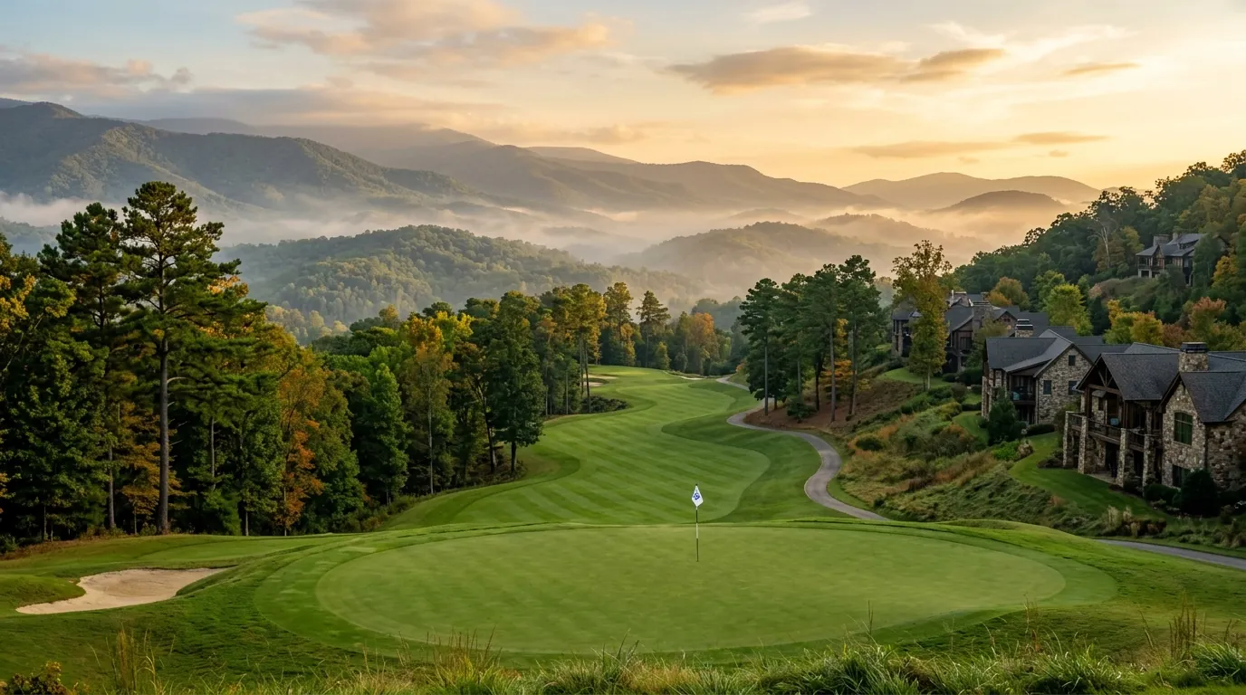 A manicured golf green overlooking misty mountain ridges, flanked by tall pine trees and stone homes along a winding fairway