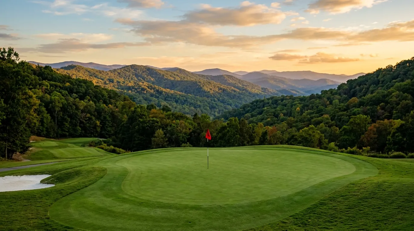 A pristine golf green with a red flag, framed by lush forest and rolling blue mountain ridges glowing under warm sunlight