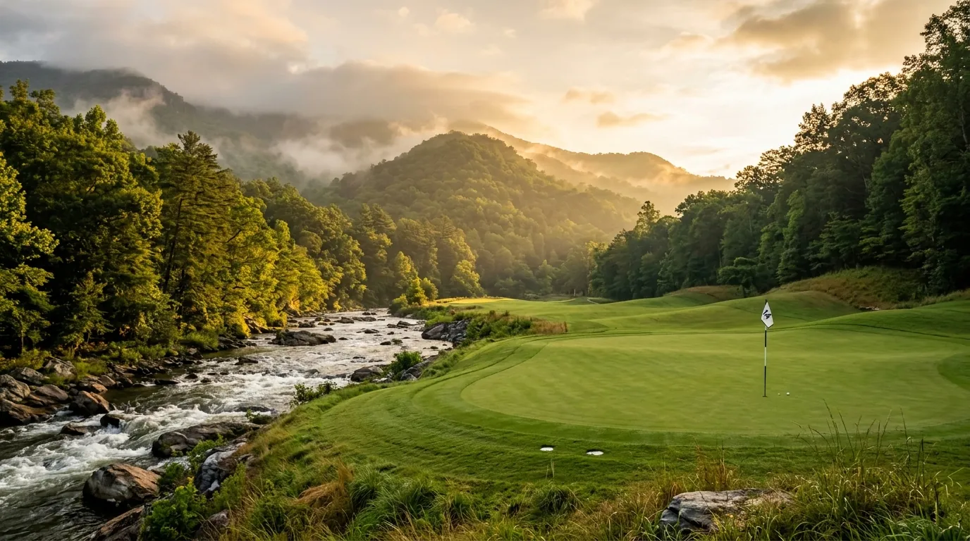 A manicured golf green with a flagstick beside a rushing river, framed by mist-covered mountain slopes under warm morning sunlight
