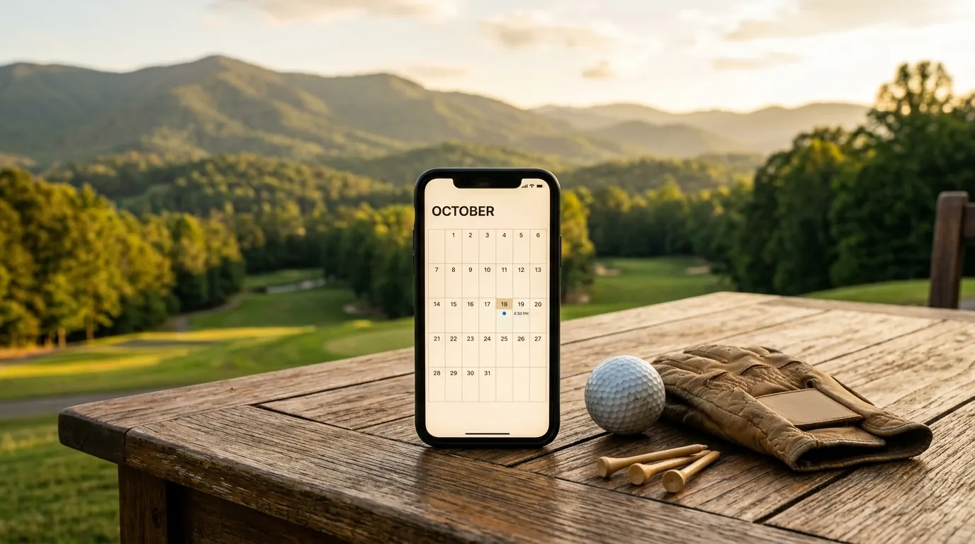 A smartphone displaying a generic reservation calendar lies beside a golf ball, wooden tees, and a glove on a wooden table