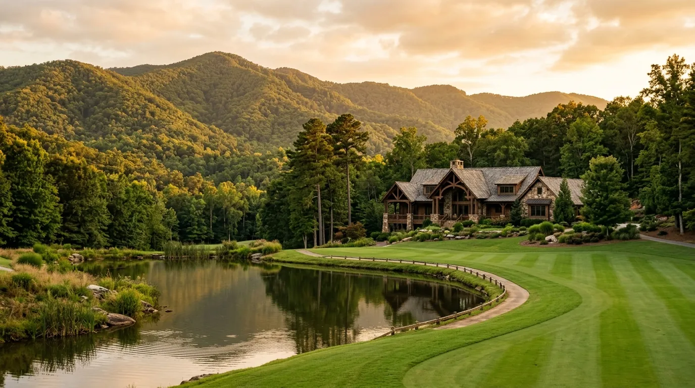 A manicured golf fairway bordering a quiet water hazard, with a large craftsman-style home nestled against a backdrop of wooded hills
