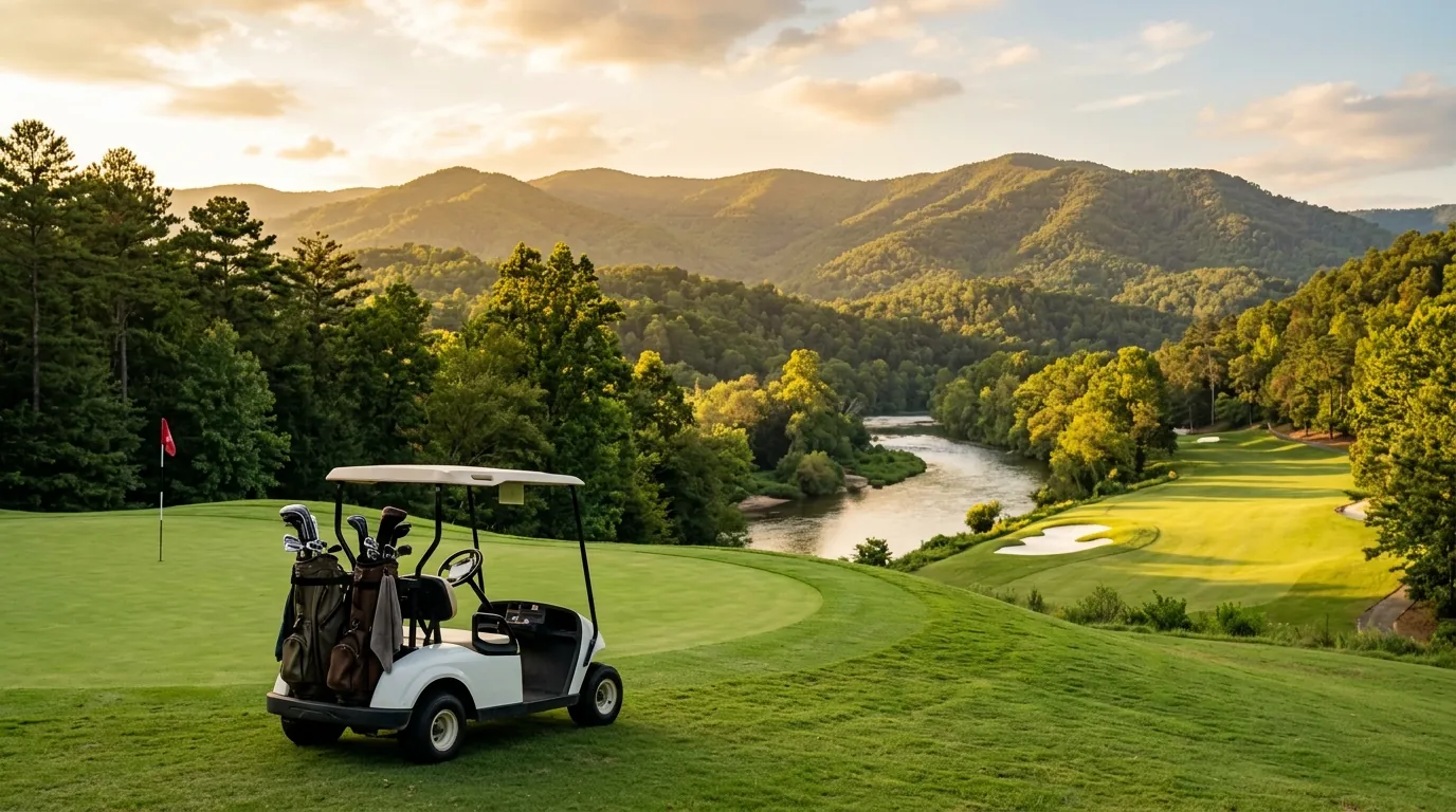 A golf cart loaded with clubs parked beside a pristine green, overlooking a sunlit fairway, sand bunker, and scenic riverbank
