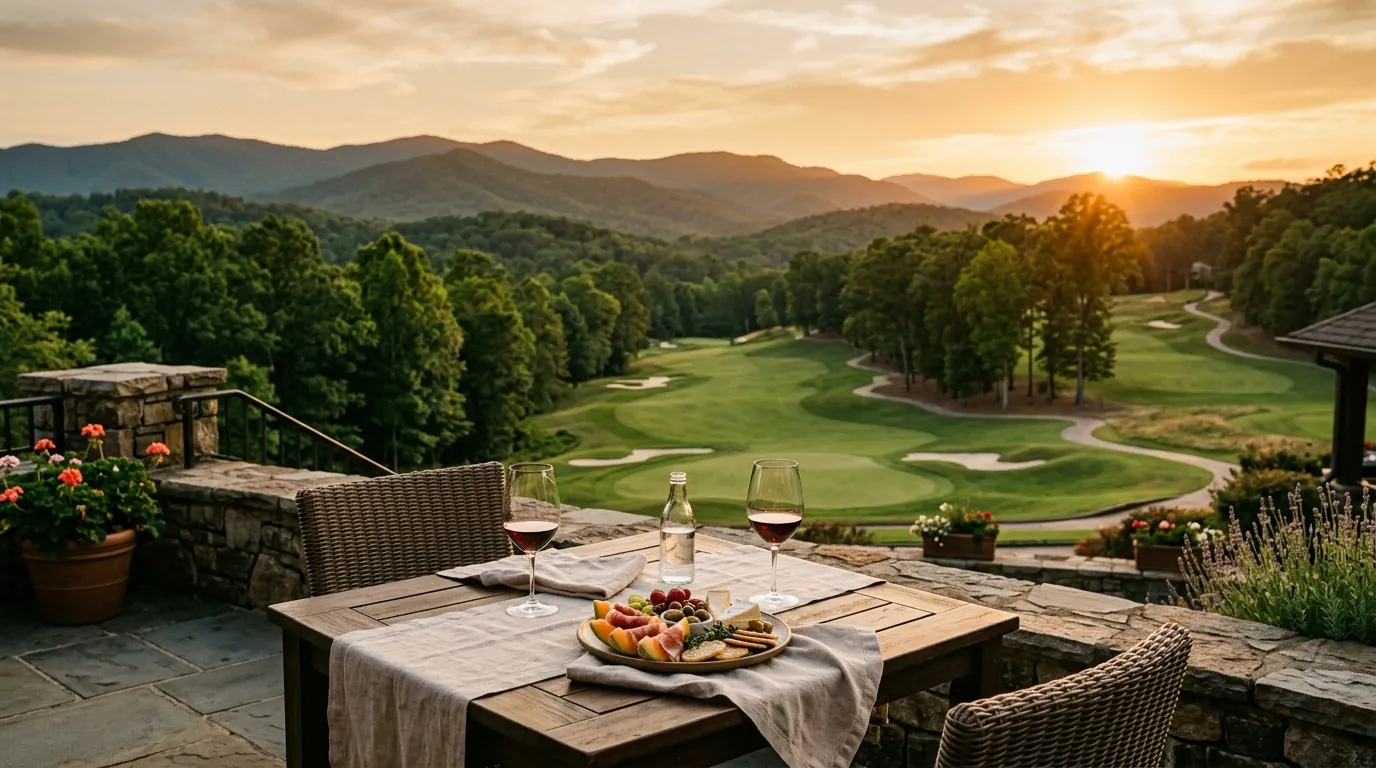 A sunny patio table set with wine glasses and appetizers, directly overlooking a lush, rolling golf fairway under a golden sunset