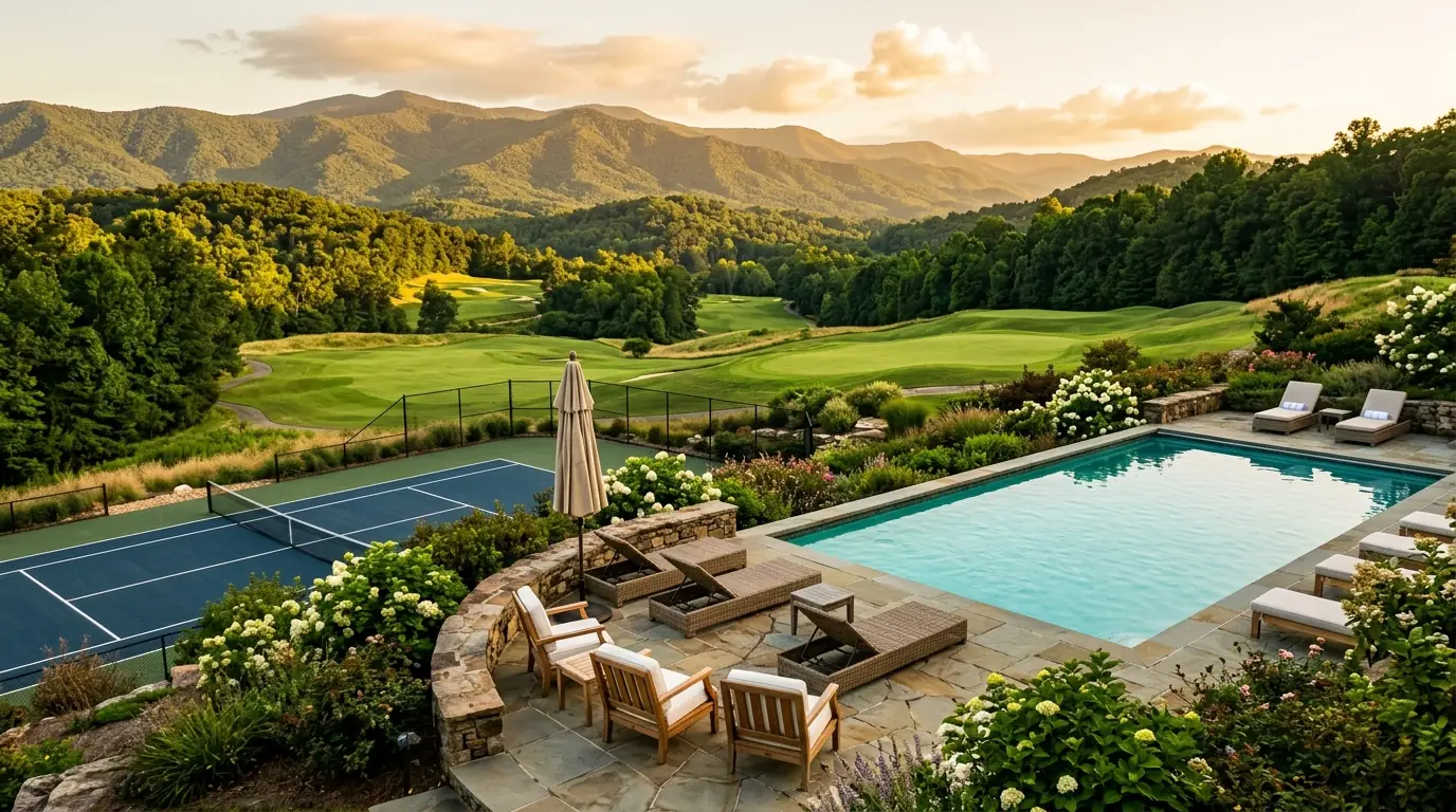A sun-drenched pool and nearby tennis court, bordered by an open patio with lounge seating overlooking lush, rolling golf course greens