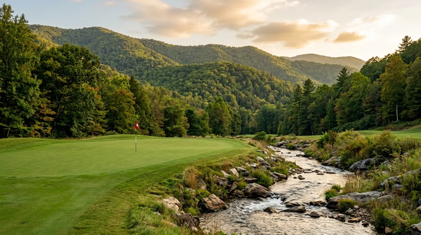 A pristine golf green with a flagstick sits beside a winding mountain stream, backed by lush, rolling forested hills