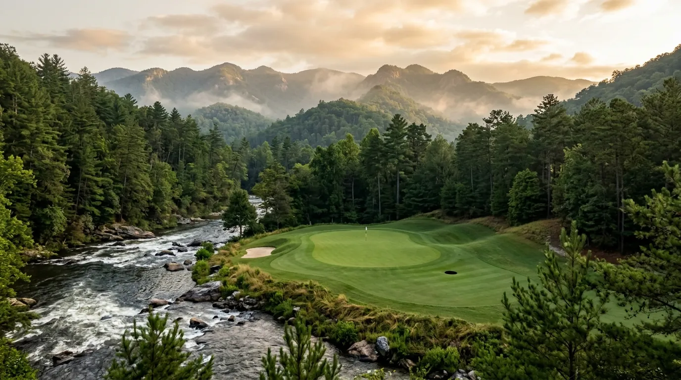 A pristine golf green sits beside a rushing river, framed by dense pine trees and rolling, mist-shrouded mountain peaks
