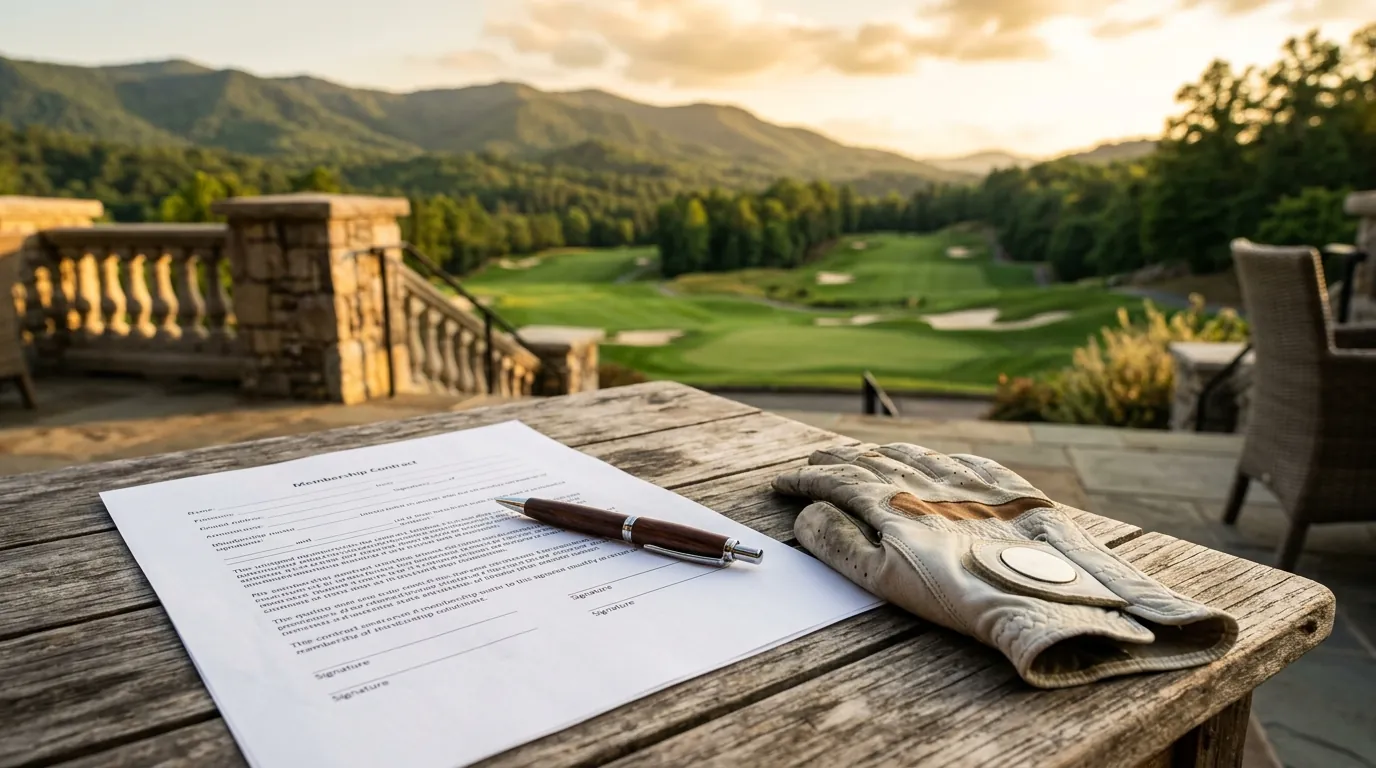 A pen rests on an unsigned membership contract beside a golf glove on a table overlooking a lush, rolling golf course