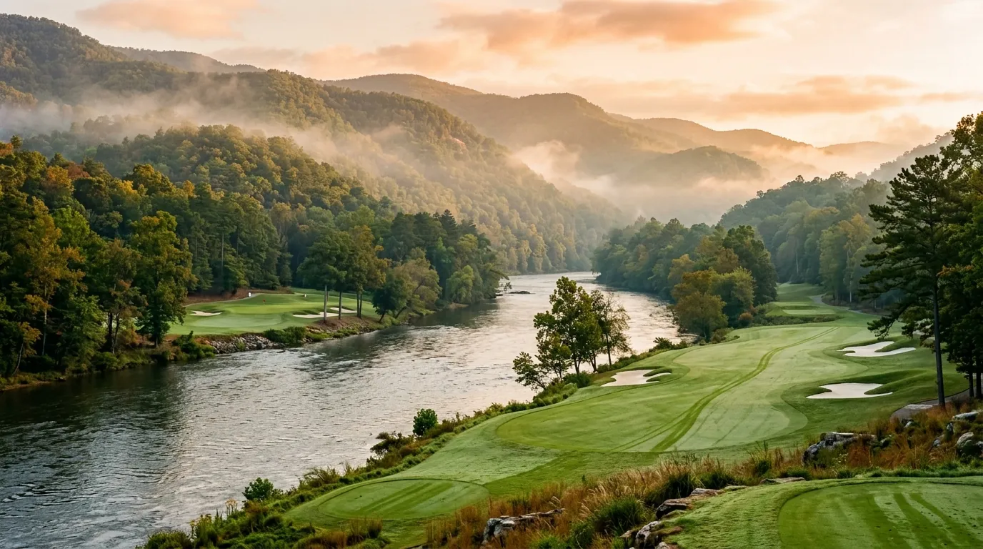 A pristine golf fairway borders a wide, flowing river framed by morning mist and lush, rolling, tree-covered valley hills