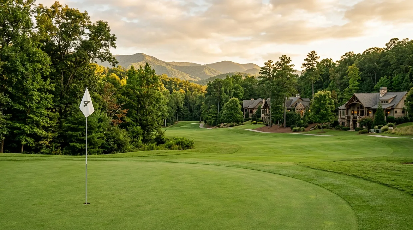 A pristine golf green with a flagstick in the foreground, seamlessly bordering upscale residential houses nestled along a tree-lined fairway