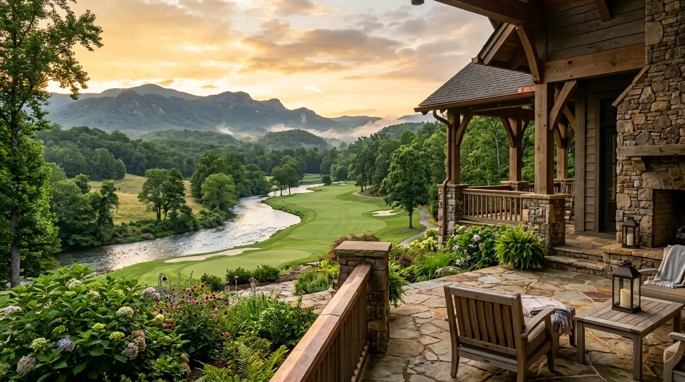 A craftsman home's stone patio overlooking a manicured golf fairway, a winding river, and distant wooded mountain peaks at sunrise