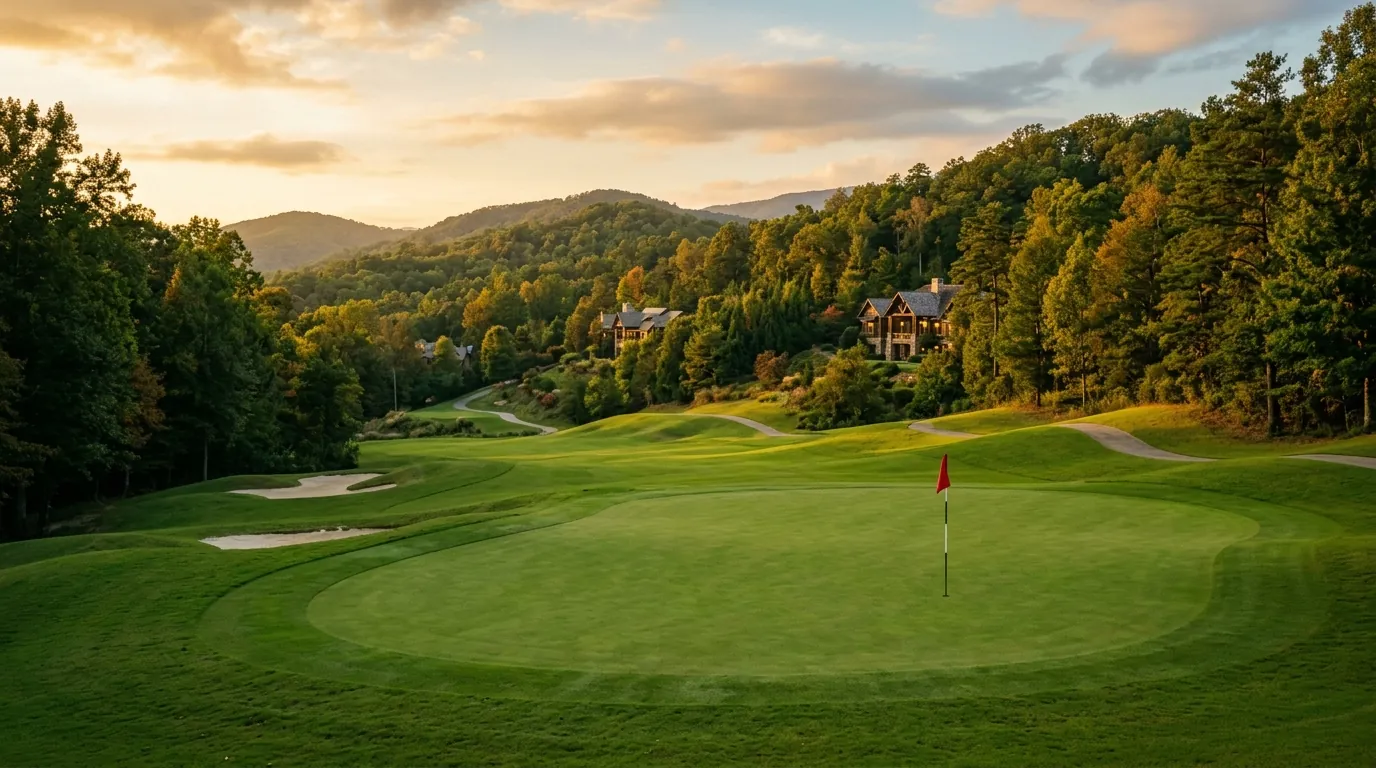 A pristine golf course green with a flagstick, bordered by manicured fairways and private residences nestled along rolling, forested hills