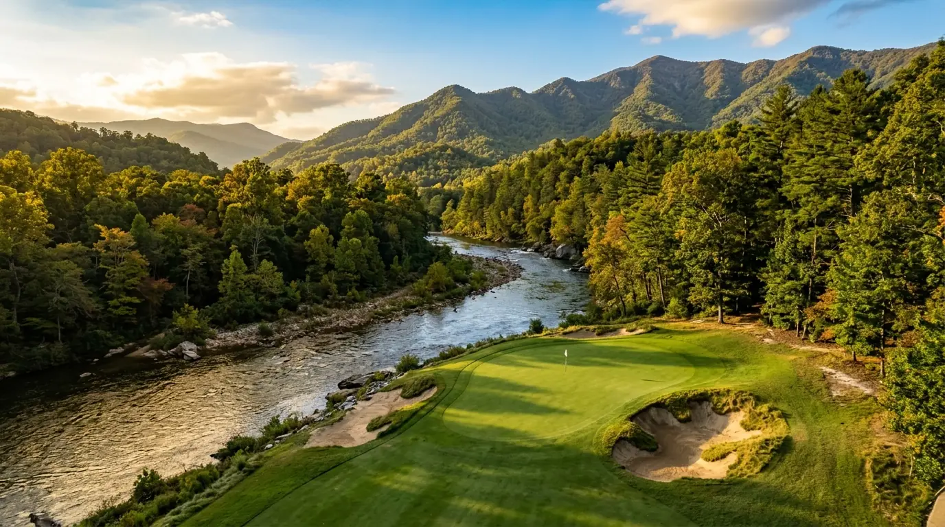 A manicured golf green nestled alongside a winding river, bordered by steep sand bunkers and dense mountain forest under bright sunlight