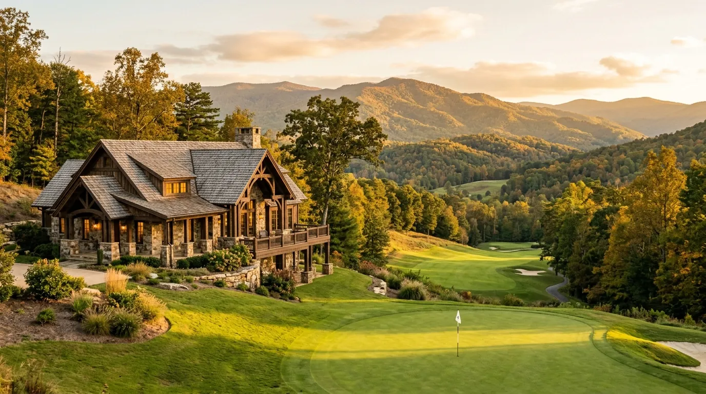 An elegant stone-and-timber home overlooks a pristine, sunlit golf green, backed by the rolling, forested hills of the North Georgia mountains
