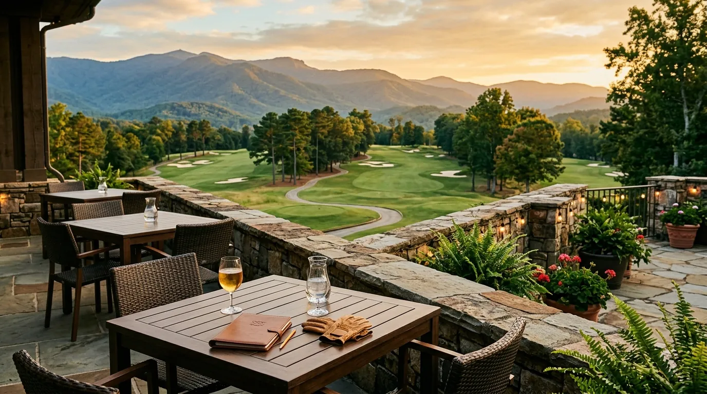 An outdoor terrace overlooking manicured fairways, featuring tables set with beverage glasses, scorecards, and golf gloves under warm sunset light