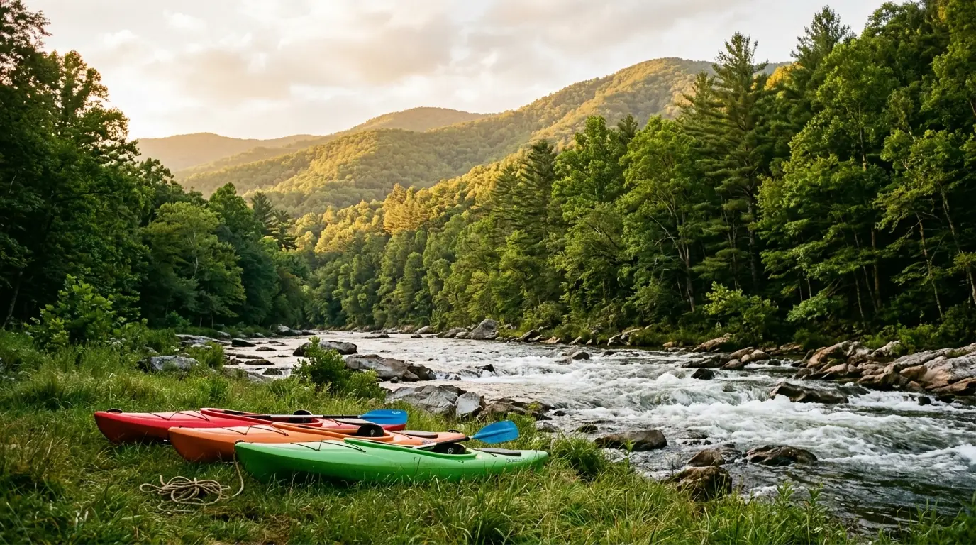 Kayaks rest on a grassy riverbank beside a rushing stream, framed by lush forest trails and rolling, sunlit mountain hills