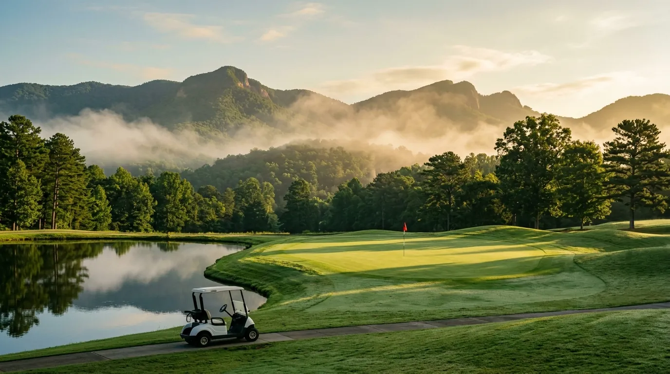 Morning mist rises over a manicured golf green framed by forested mountain peaks, where a solo cart rests beside a tranquil water hazard