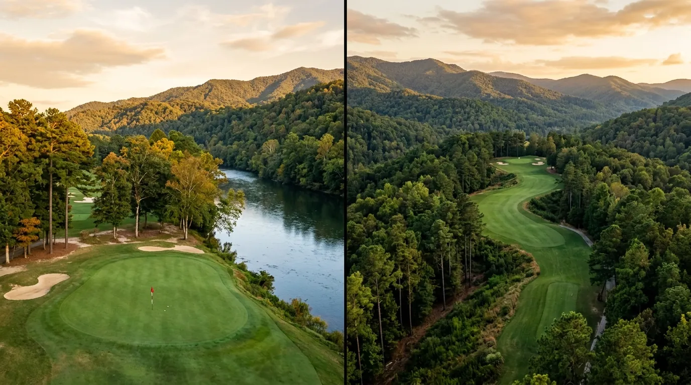 A split-screen photograph featuring a lush riverfront golf green beside a clear river, paired with an elevated fairway winding through dense mountain pines