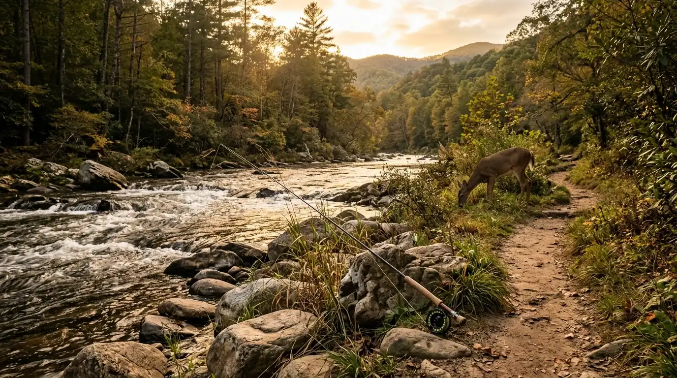 A dirt hiking trail bordering a rushing mountain river, with a fly-fishing rod propped against riverbank rocks and a deer grazing nearby