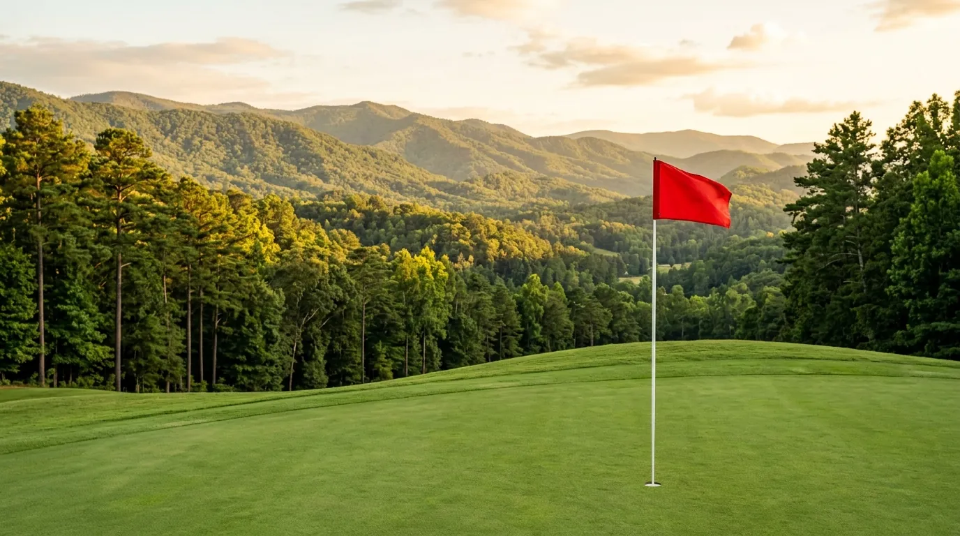 A bright flag on a pristine golf green overlooking sunlit, rolling mountain hills and a dense forest of tall pines