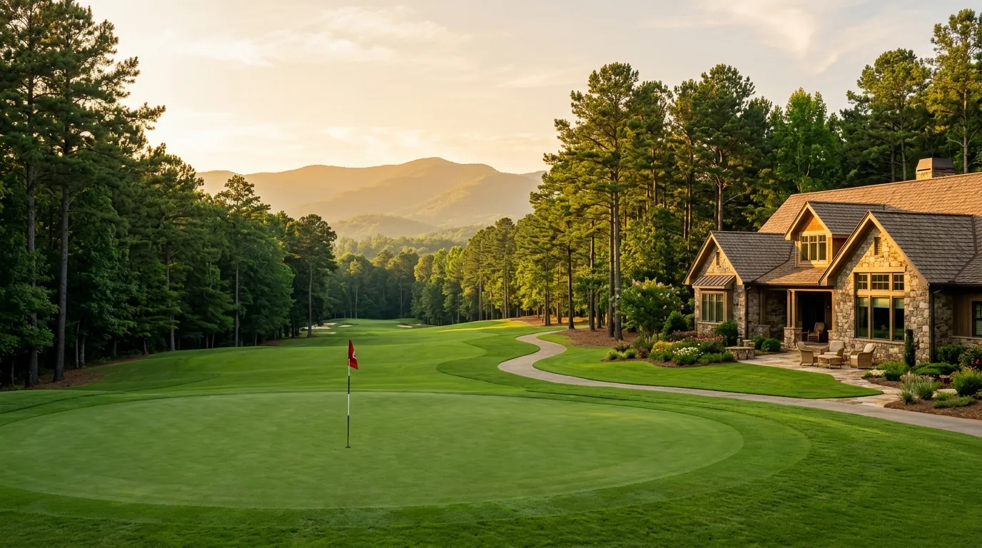 A pristine golf green framed by tall pine trees, with an elegant suburban home sitting beside the manicured fairway in warm sunlight