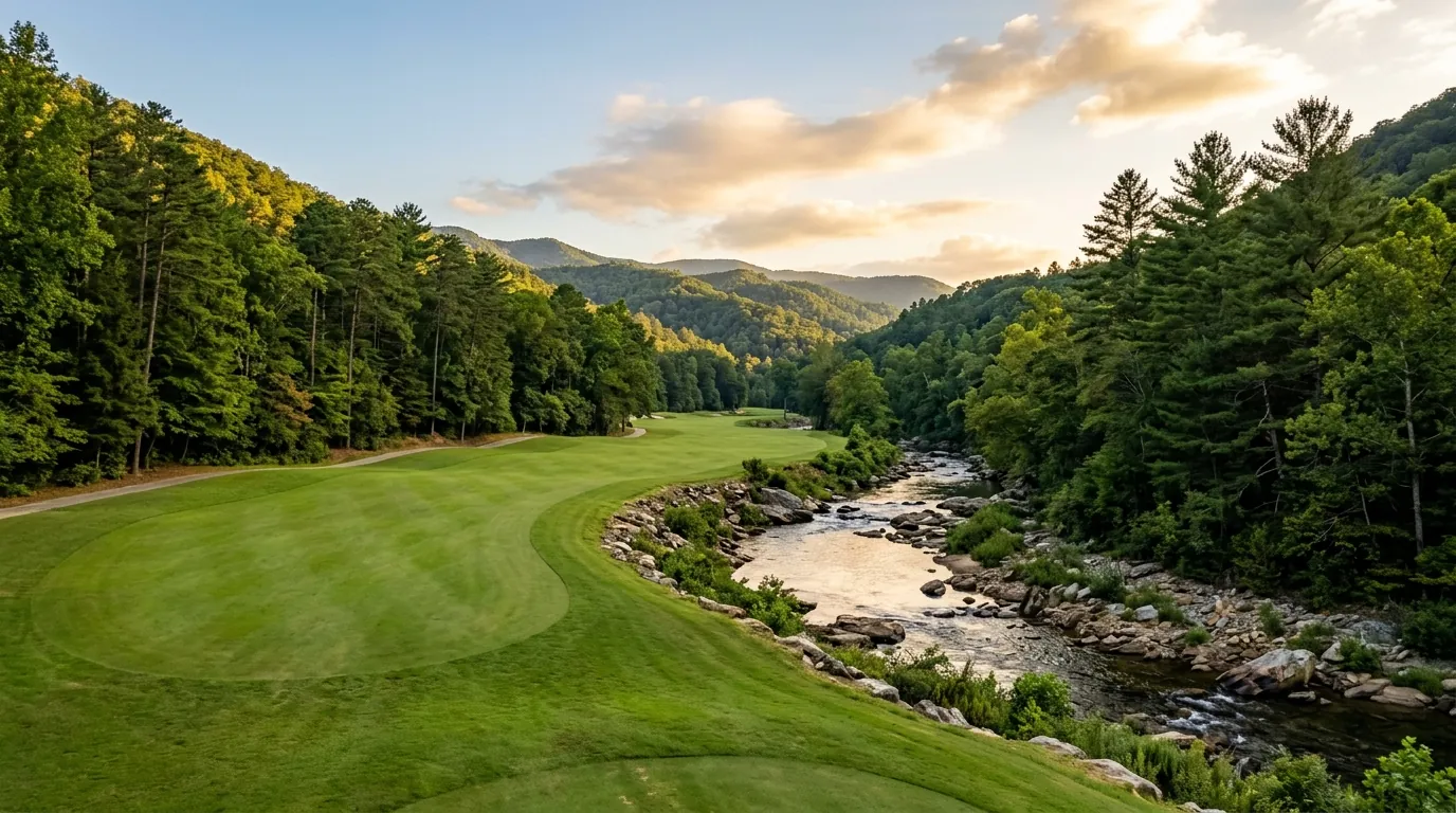 A sunlit, manicured golf fairway curving alongside a stony river, framed by lush pine trees and rolling Appalachian mountain slopes