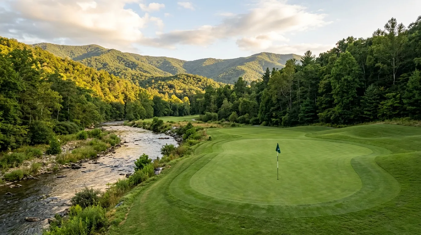 A manicured golf green with a single flagstick beside a clear river, framed by rolling, tree-covered mountain slopes under a bright sky