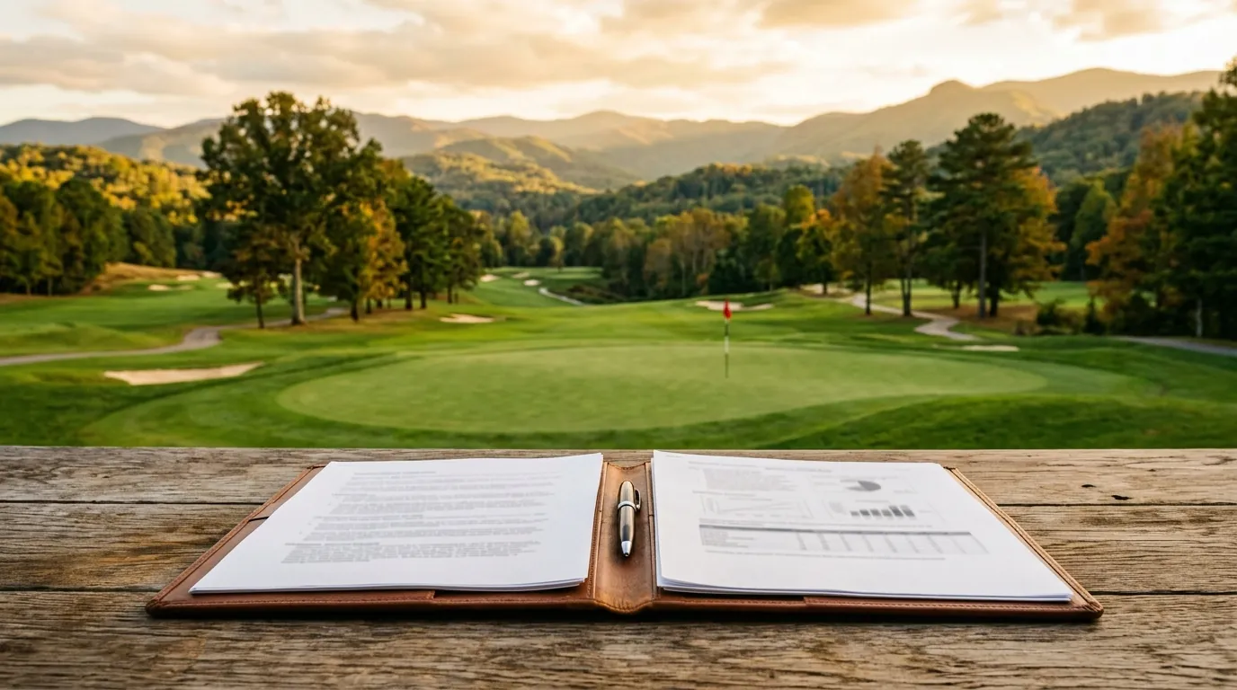 An open folder with printed documents and a pen resting on a wooden table, overlooking a pristine, sun-dappled golf course green