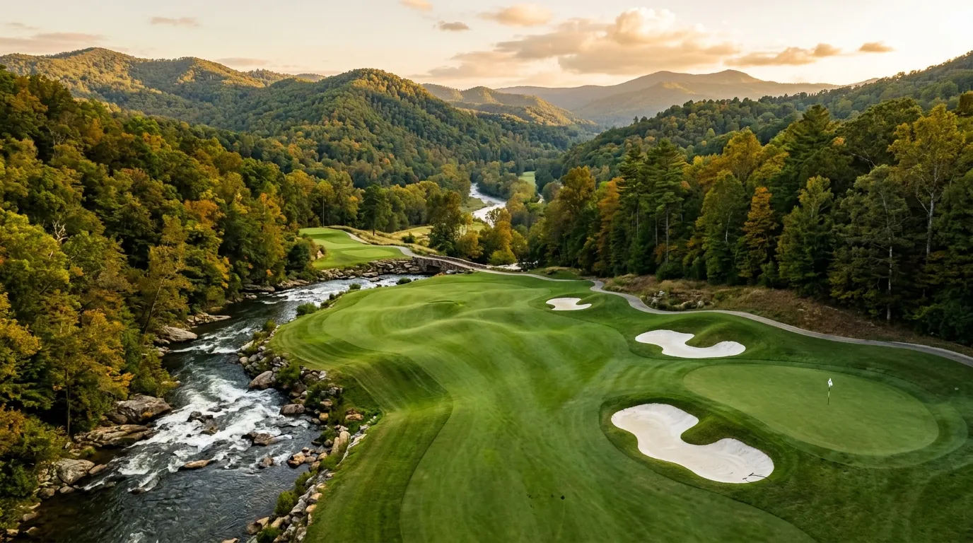 A lush, undulating golf green bordered by a rushing river and strategic sand bunkers, surrounded by scenic, wooded rolling hills