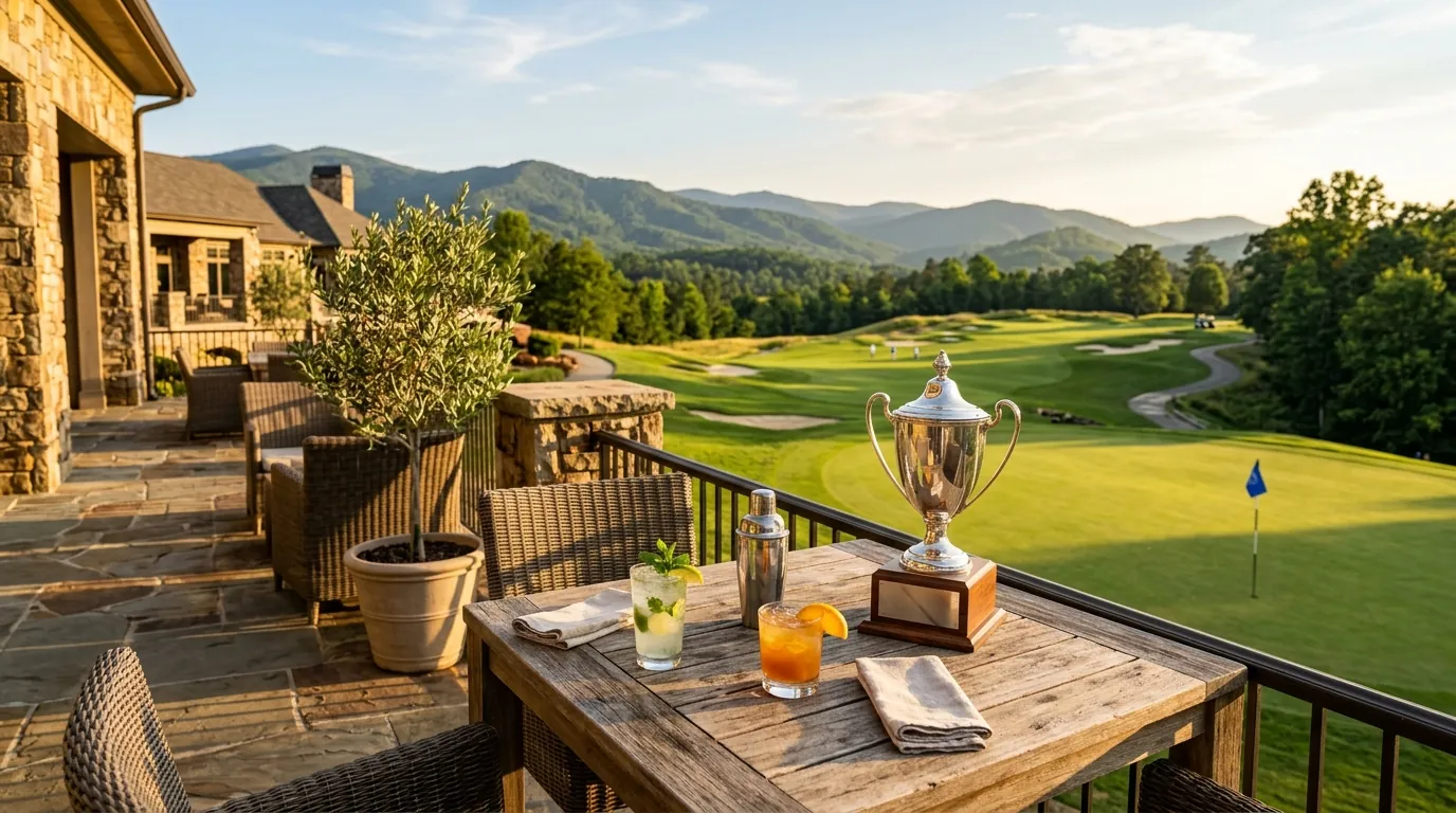 A sunny terrace set with cocktail glasses and a tournament trophy, overlooking a manicured golf green bathed in warm afternoon light
