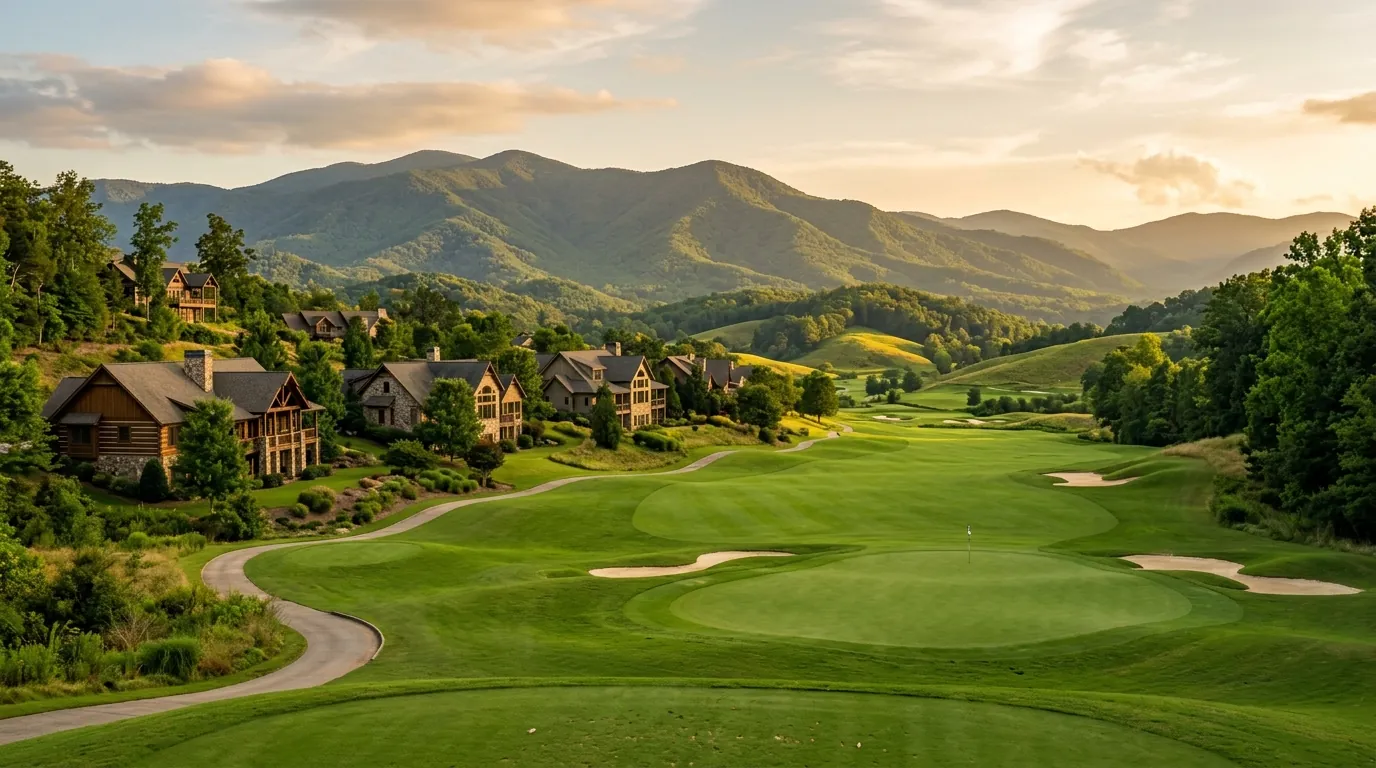 Manicured golf course greens framed by distant mountain views, with elegant residential homes nestled along the edge of a winding fairway