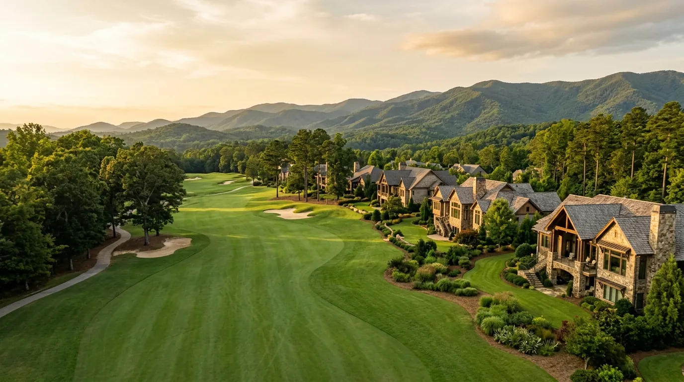 A manicured golf fairway winds directly alongside elegant residential homes, seamlessly blending living spaces with the scenic green landscape