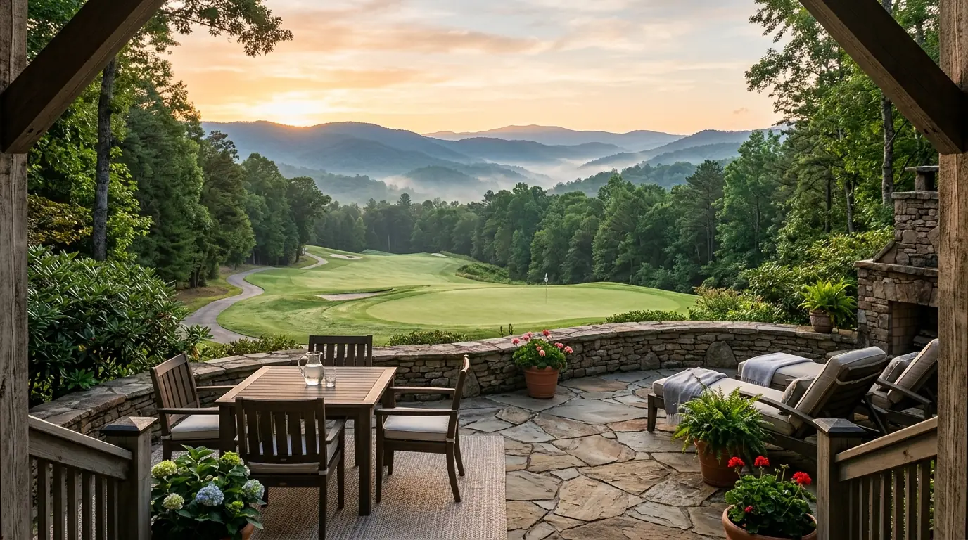 A stone residential patio bathed in morning sunlight, overlooking a manicured golf green framed by misty, rolling mountain ridges