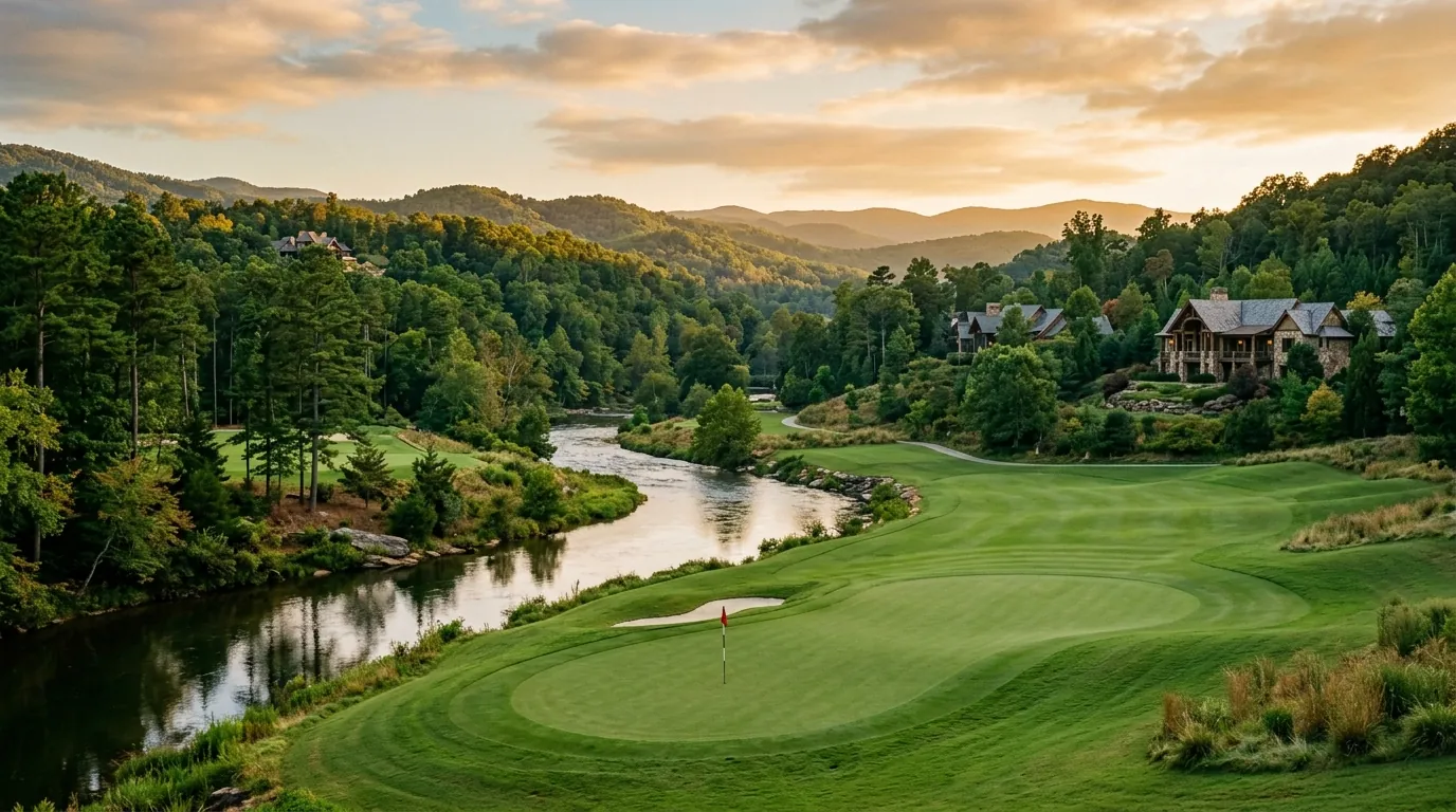 A manicured golf green beside a winding river, backed by rolling, forested hills and elegant luxury homes nestled in the distance