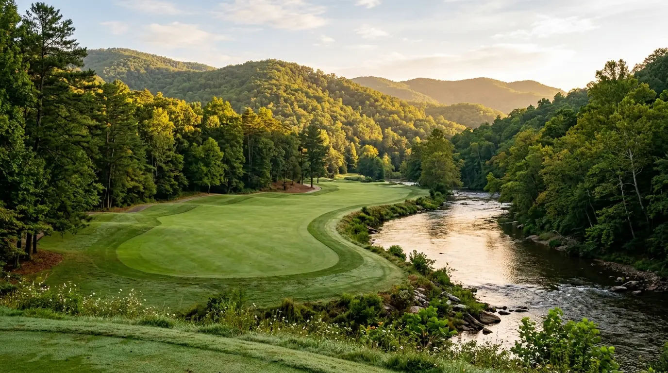 A pristine golf fairway curves alongside a gentle river, framed by forested valley hills glowing in warm morning sunlight