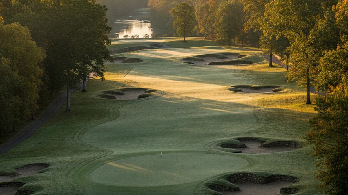 Elevated view of a manicured golf fairway and green at golden hour, with dark stone-faced bunkers, a river curving through trees in the background, and mature hardwoods lining both sides
