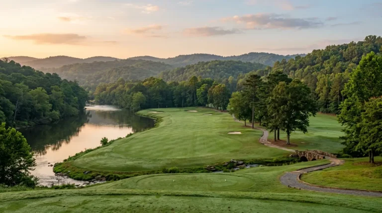 Golf course fairway along a river in North Georgia's forested foothills at early morning, with rolling wooded hills and a stone bridge in the background under a soft sunrise sky