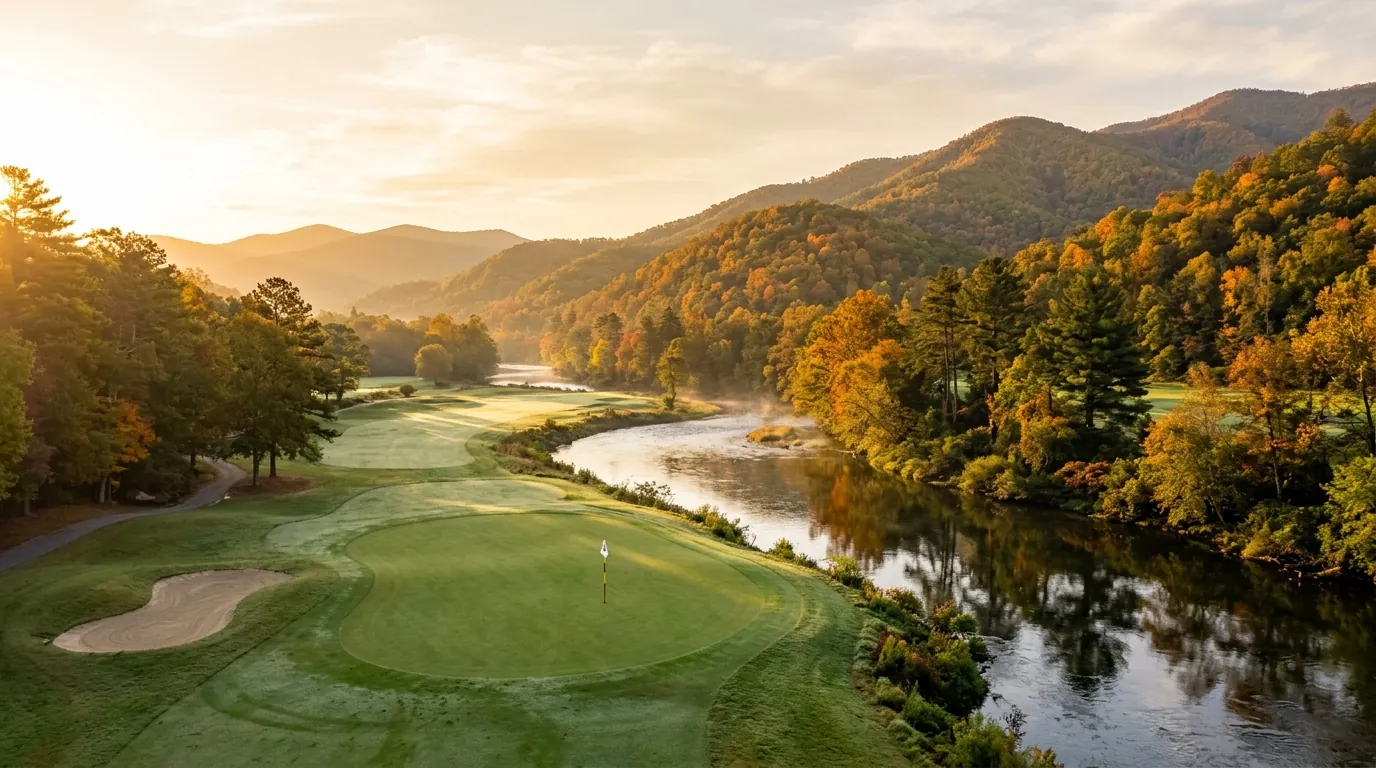 Golden morning light illuminates a pristine golf green beside a winding river, framed by lush, rolling mountain foothills