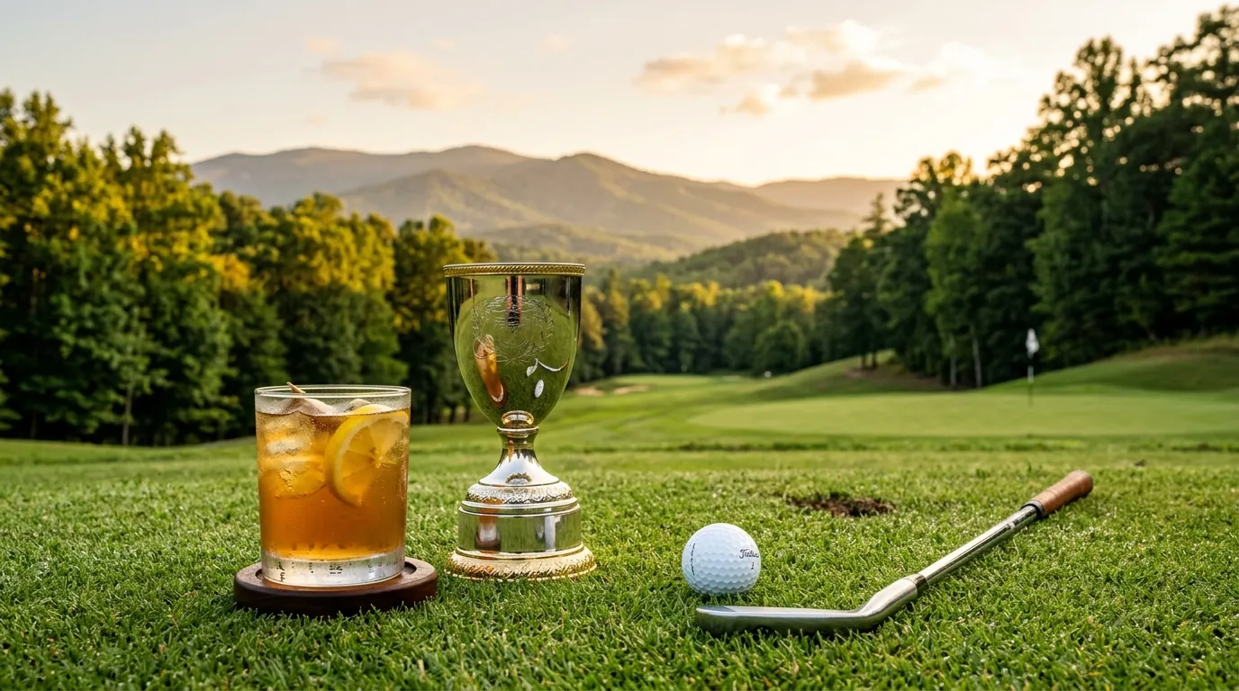 A cold drink glass rests next to a golf club and ball on a sunny green fairway, beside a gleaming trophy