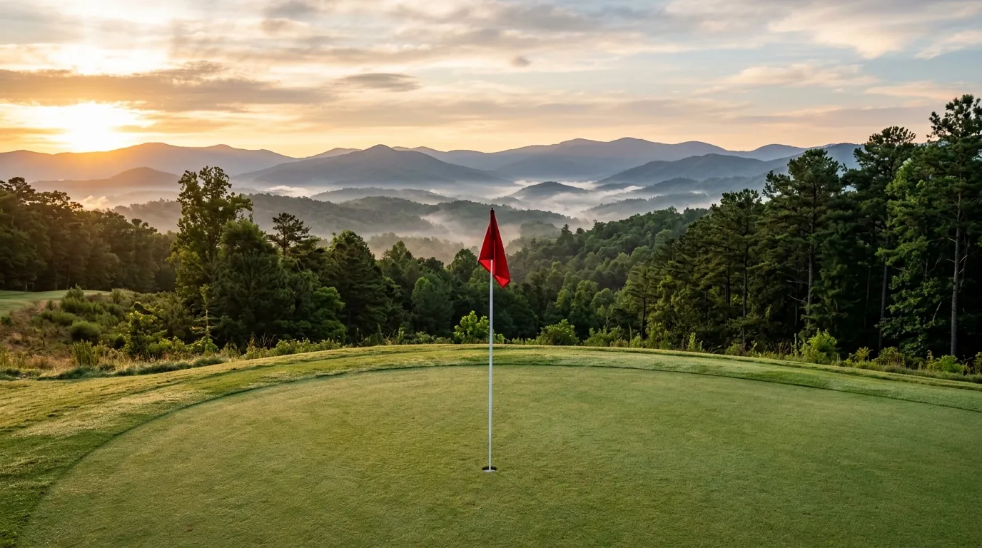 Morning sunlight illuminates a pristine golf green and flagstick, overlooking misty mountain peaks and dense pine forests