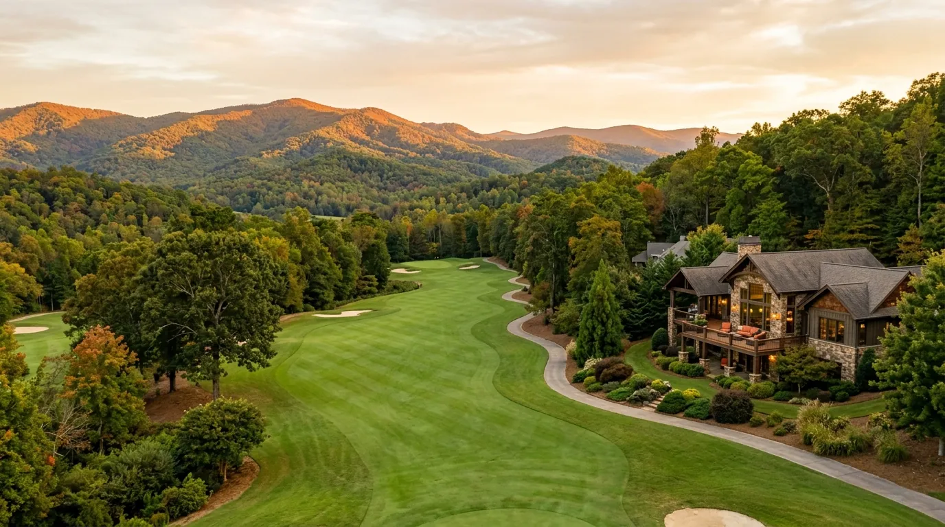 A manicured golf course fairway winding past an upscale residential home, set against a backdrop of scenic, tree-covered rolling hills