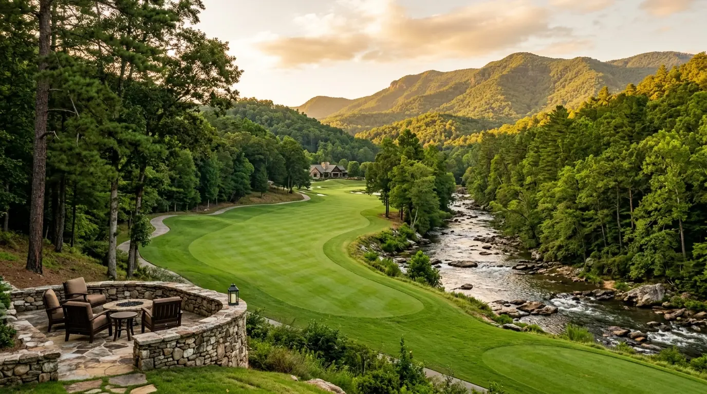 A sunlit manicured golf fairway winds alongside a rocky mountain river, framed by rolling wooded hills and a secluded stone patio